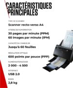Scanner recto verso A4 Essentiel 30 ppm, ADF 60, OCR, USB 2.0
