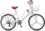 Vélo hybride femme 7 vitesses cadre bas acier, panier avant, porte-bagages