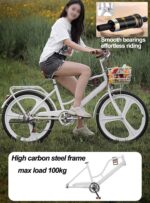 Vélo hybride femme 7 vitesses cadre bas acier, panier avant, porte-bagages