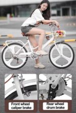 Vélo hybride femme 7 vitesses cadre bas acier, panier avant, porte-bagages