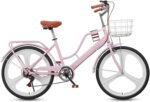 Vélo hybride femme 7 vitesses cadre bas acier, panier avant, porte-bagages