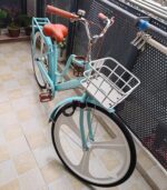 Vélo hybride femme 7 vitesses cadre bas acier, panier avant, porte-bagages