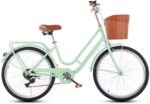 Vélo hybride urbain 6 vitesses avec panier avant, porte-bagages, freins V-brake/tambour