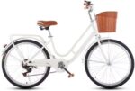 Vélo hybride urbain 6 vitesses avec panier avant, porte-bagages, freins V-brake/tambour