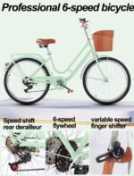 Vélo hybride urbain 6 vitesses avec panier avant, porte-bagages, freins V-brake/tambour